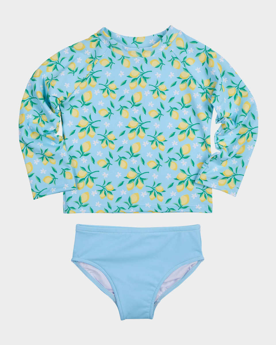 Girl's Lemon-Print Rashguard Two-Piece Swimsuit, Size 2-6